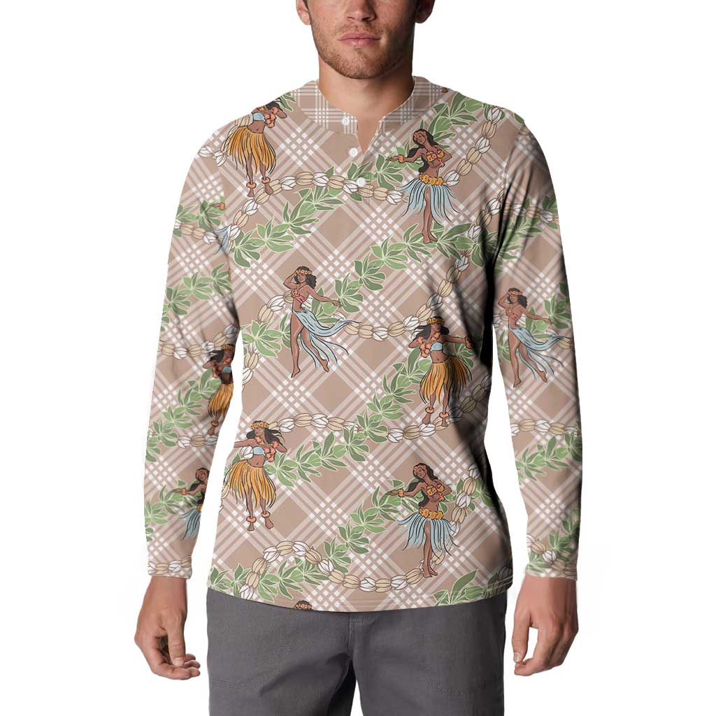 Beige Palaka Hula Girls Seamless Hawaii Aloha Button Sweatshirt - Polynesian Pride