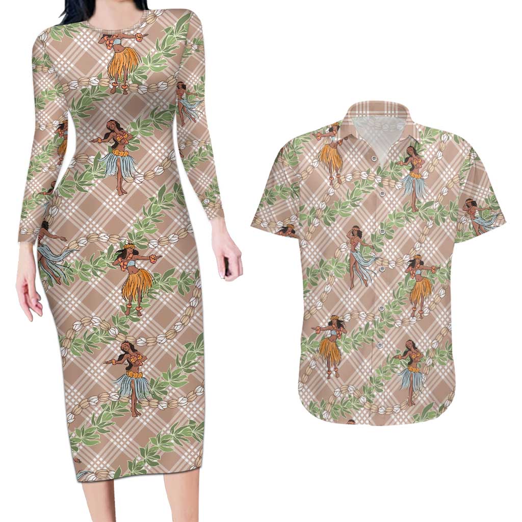 Beige Palaka Hula Girls Seamless Hawaii Aloha Couples Matching Long Sleeve Bodycon Dress and Hawaiian Shirt LT7 Beige - Polynesian Pride