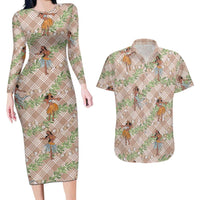 Beige Palaka Hula Girls Seamless Hawaii Aloha Couples Matching Long Sleeve Bodycon Dress and Hawaiian Shirt LT7 Beige - Polynesian Pride