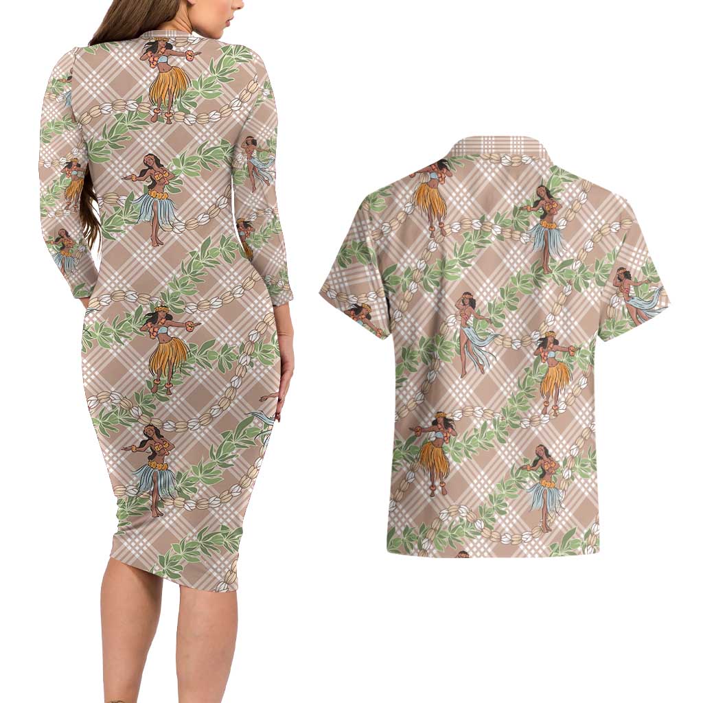 Beige Palaka Hula Girls Seamless Hawaii Aloha Couples Matching Long Sleeve Bodycon Dress and Hawaiian Shirt LT7 - Polynesian Pride
