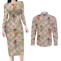 Beige Palaka Hula Girls Seamless Hawaii Aloha Couples Matching Long Sleeve Bodycon Dress and Long Sleeve Button Shirt LT7 Beige - Polynesian Pride