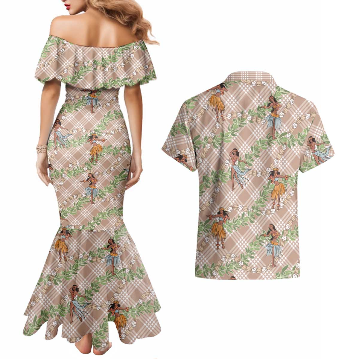 Beige Palaka Hula Girls Seamless Hawaii Aloha Couples Matching Mermaid Dress and Hawaiian Shirt LT7 - Polynesian Pride