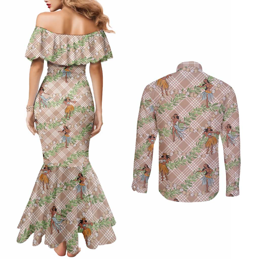 Beige Palaka Hula Girls Seamless Hawaii Aloha Couples Matching Mermaid Dress and Long Sleeve Button Shirt LT7 - Polynesian Pride