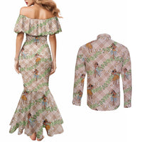 Beige Palaka Hula Girls Seamless Hawaii Aloha Couples Matching Mermaid Dress and Long Sleeve Button Shirt LT7 - Polynesian Pride