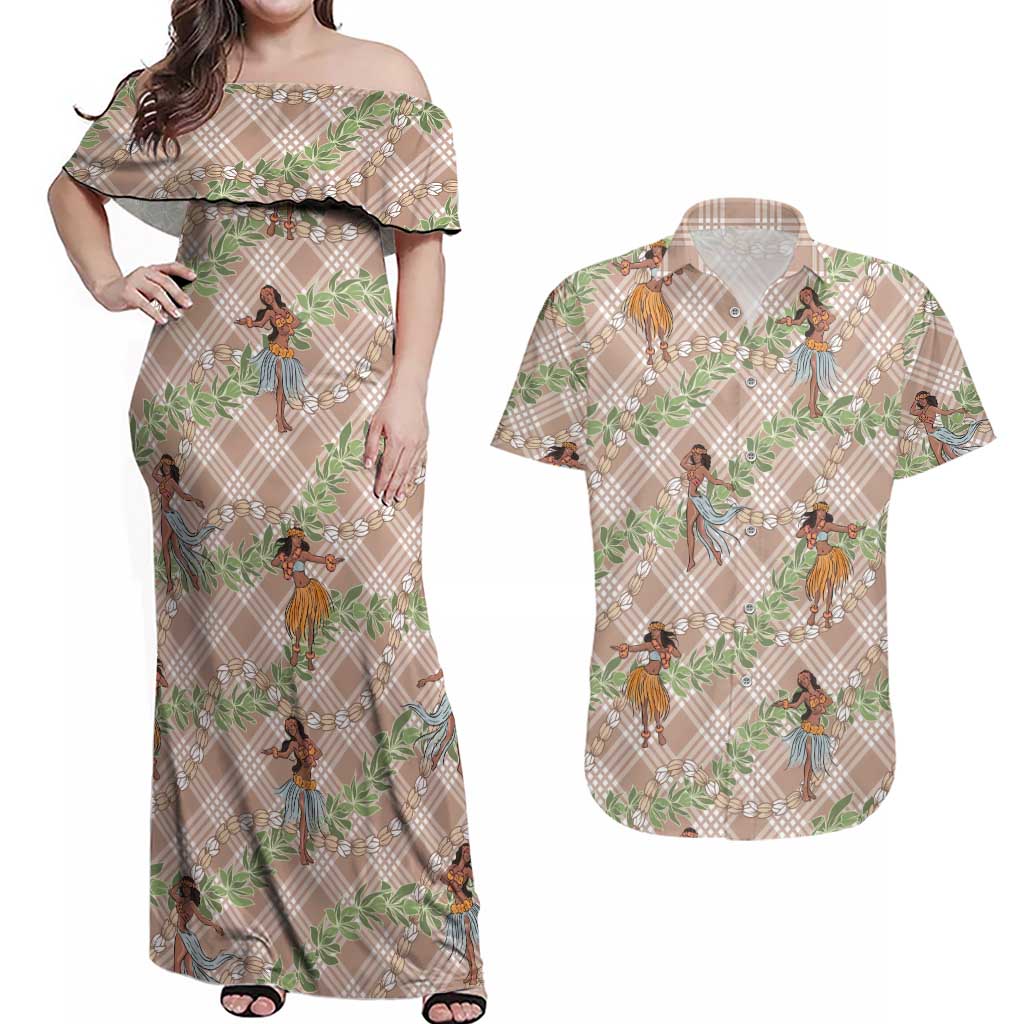 Beige Palaka Hula Girls Seamless Hawaii Aloha Couples Matching Off Shoulder Maxi Dress and Hawaiian Shirt LT7 Beige - Polynesian Pride