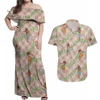 Beige Palaka Hula Girls Seamless Hawaii Aloha Couples Matching Off Shoulder Maxi Dress and Hawaiian Shirt LT7 Beige - Polynesian Pride
