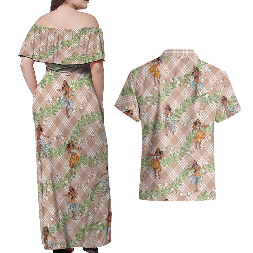 Beige Palaka Hula Girls Seamless Hawaii Aloha Couples Matching Off Shoulder Maxi Dress and Hawaiian Shirt LT7 - Polynesian Pride