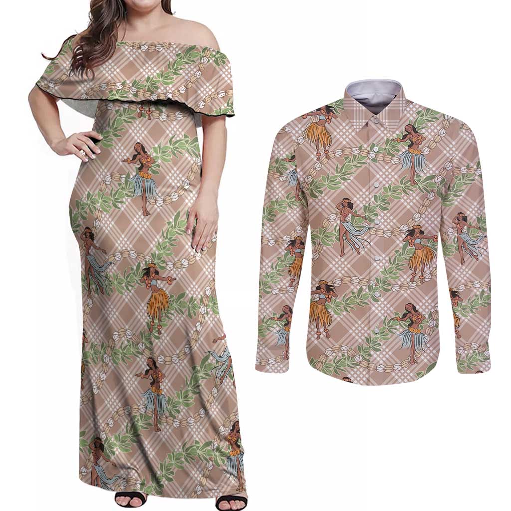 Beige Palaka Hula Girls Seamless Hawaii Aloha Couples Matching Off Shoulder Maxi Dress and Long Sleeve Button Shirt LT7 Beige - Polynesian Pride