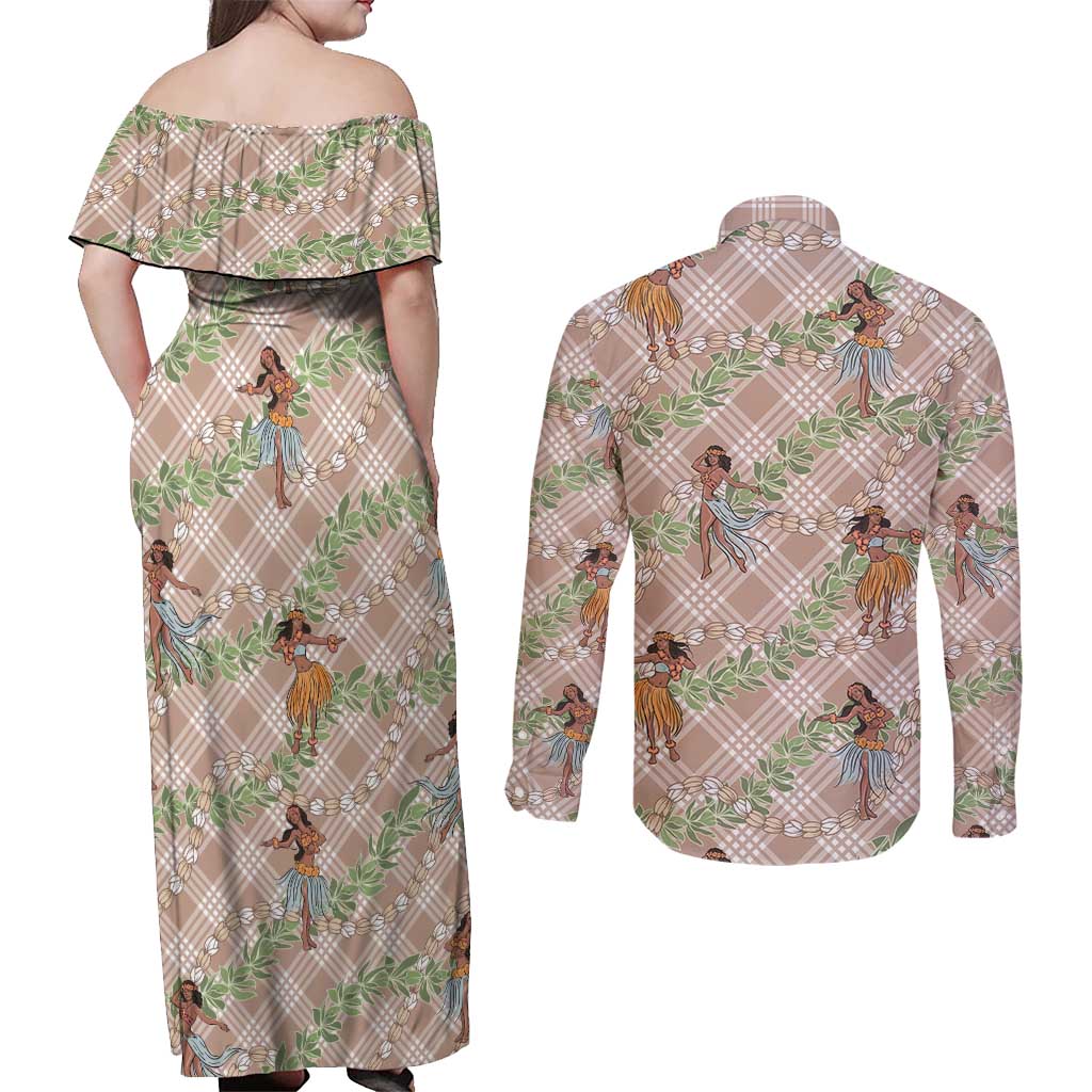 Beige Palaka Hula Girls Seamless Hawaii Aloha Couples Matching Off Shoulder Maxi Dress and Long Sleeve Button Shirt LT7 - Polynesian Pride
