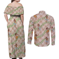 Beige Palaka Hula Girls Seamless Hawaii Aloha Couples Matching Off Shoulder Maxi Dress and Long Sleeve Button Shirt LT7 - Polynesian Pride