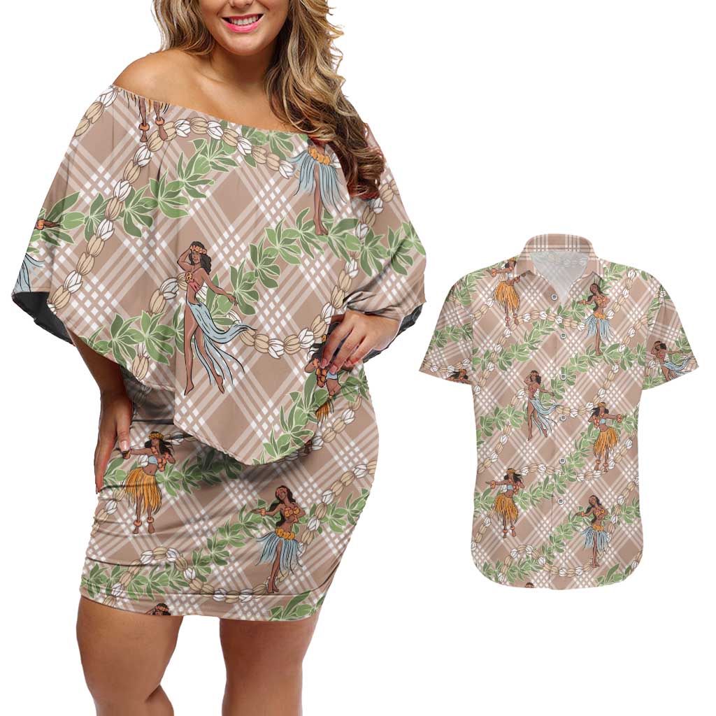 Beige Palaka Hula Girls Seamless Hawaii Aloha Couples Matching Off Shoulder Short Dress and Hawaiian Shirt LT7 Beige - Polynesian Pride
