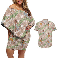Beige Palaka Hula Girls Seamless Hawaii Aloha Couples Matching Off Shoulder Short Dress and Hawaiian Shirt LT7 Beige - Polynesian Pride