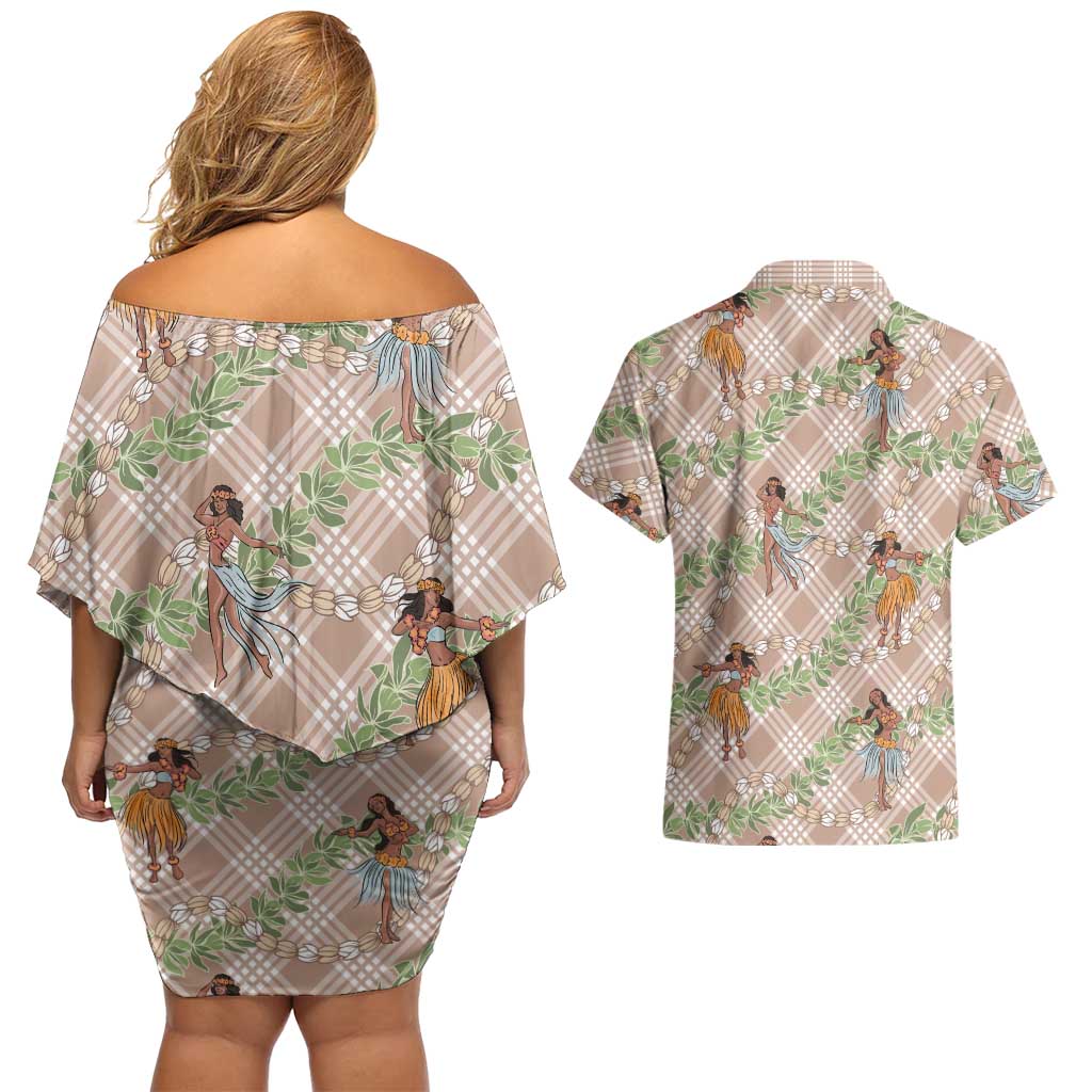 Beige Palaka Hula Girls Seamless Hawaii Aloha Couples Matching Off Shoulder Short Dress and Hawaiian Shirt LT7 - Polynesian Pride