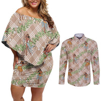 Beige Palaka Hula Girls Seamless Hawaii Aloha Couples Matching Off Shoulder Short Dress and Long Sleeve Button Shirt LT7 Beige - Polynesian Pride