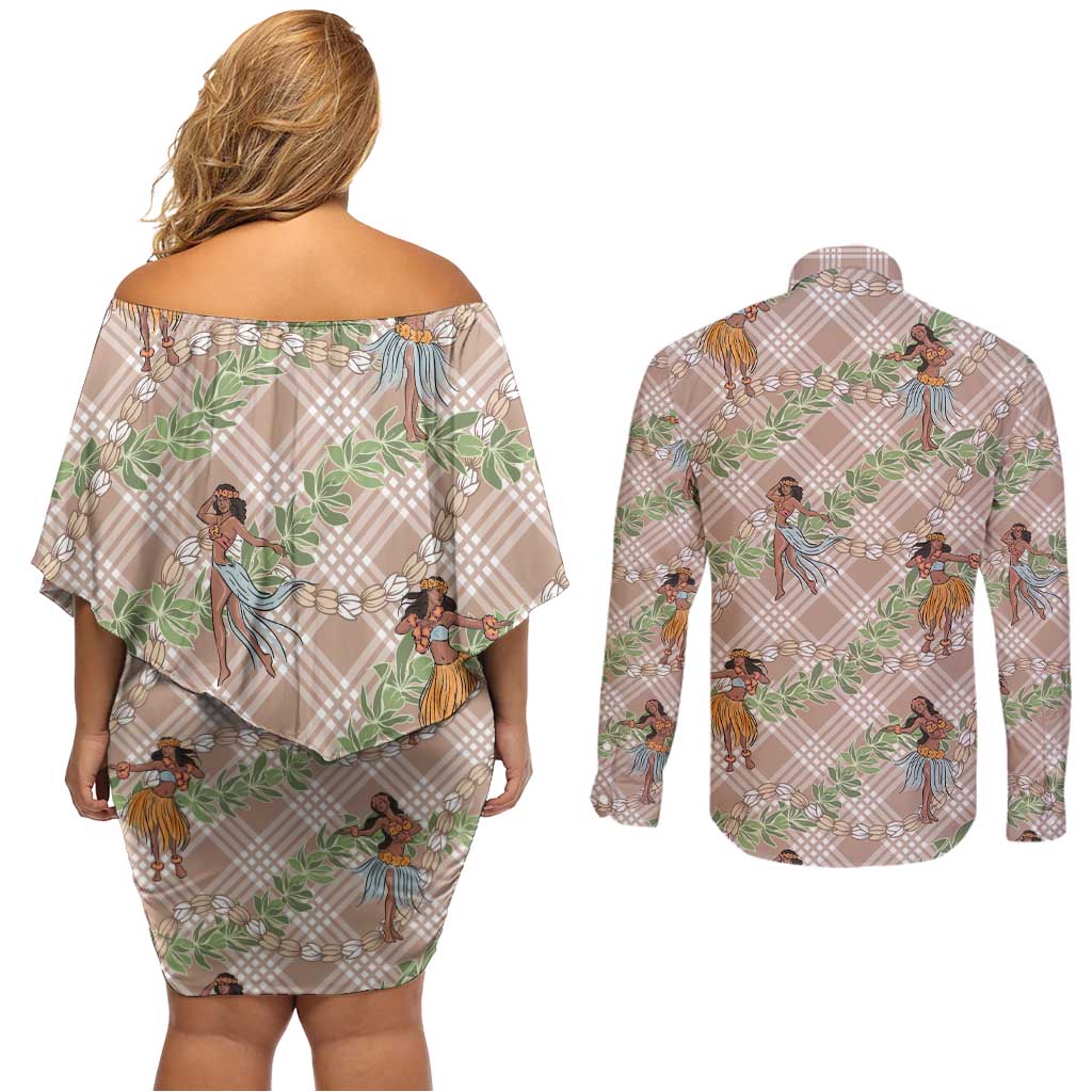 Beige Palaka Hula Girls Seamless Hawaii Aloha Couples Matching Off Shoulder Short Dress and Long Sleeve Button Shirt LT7 - Polynesian Pride