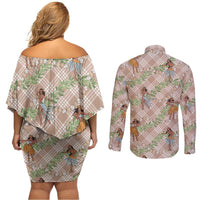 Beige Palaka Hula Girls Seamless Hawaii Aloha Couples Matching Off Shoulder Short Dress and Long Sleeve Button Shirt LT7 - Polynesian Pride