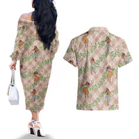 Beige Palaka Hula Girls Seamless Hawaii Aloha Couples Matching Off The Shoulder Long Sleeve Dress and Hawaiian Shirt LT7 - Polynesian Pride