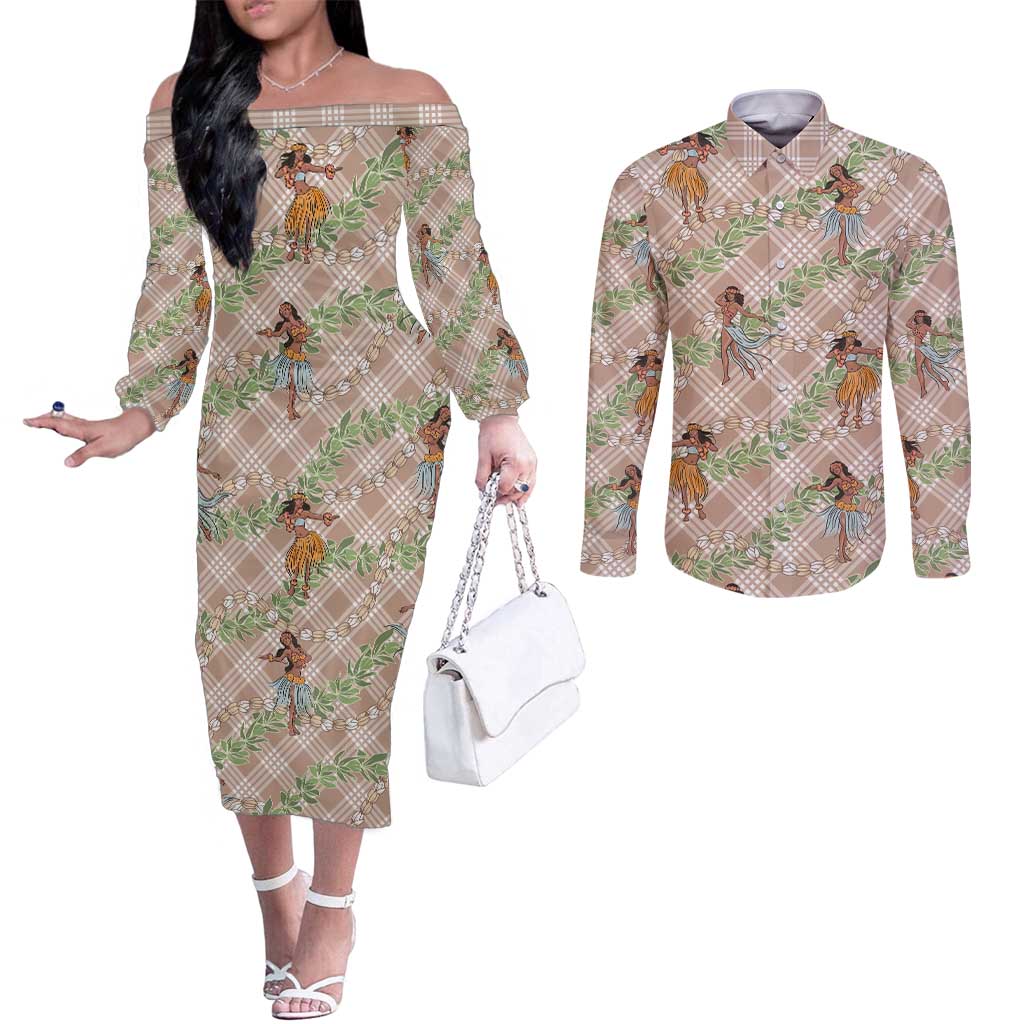 Beige Palaka Hula Girls Seamless Hawaii Aloha Couples Matching Off The Shoulder Long Sleeve Dress and Long Sleeve Button Shirt LT7 Beige - Polynesian Pride