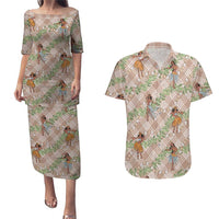 Beige Palaka Hula Girls Seamless Hawaii Aloha Couples Matching Puletasi and Hawaiian Shirt LT7 Beige - Polynesian Pride