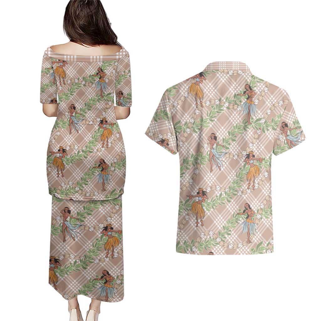 Beige Palaka Hula Girls Seamless Hawaii Aloha Couples Matching Puletasi and Hawaiian Shirt LT7 - Polynesian Pride