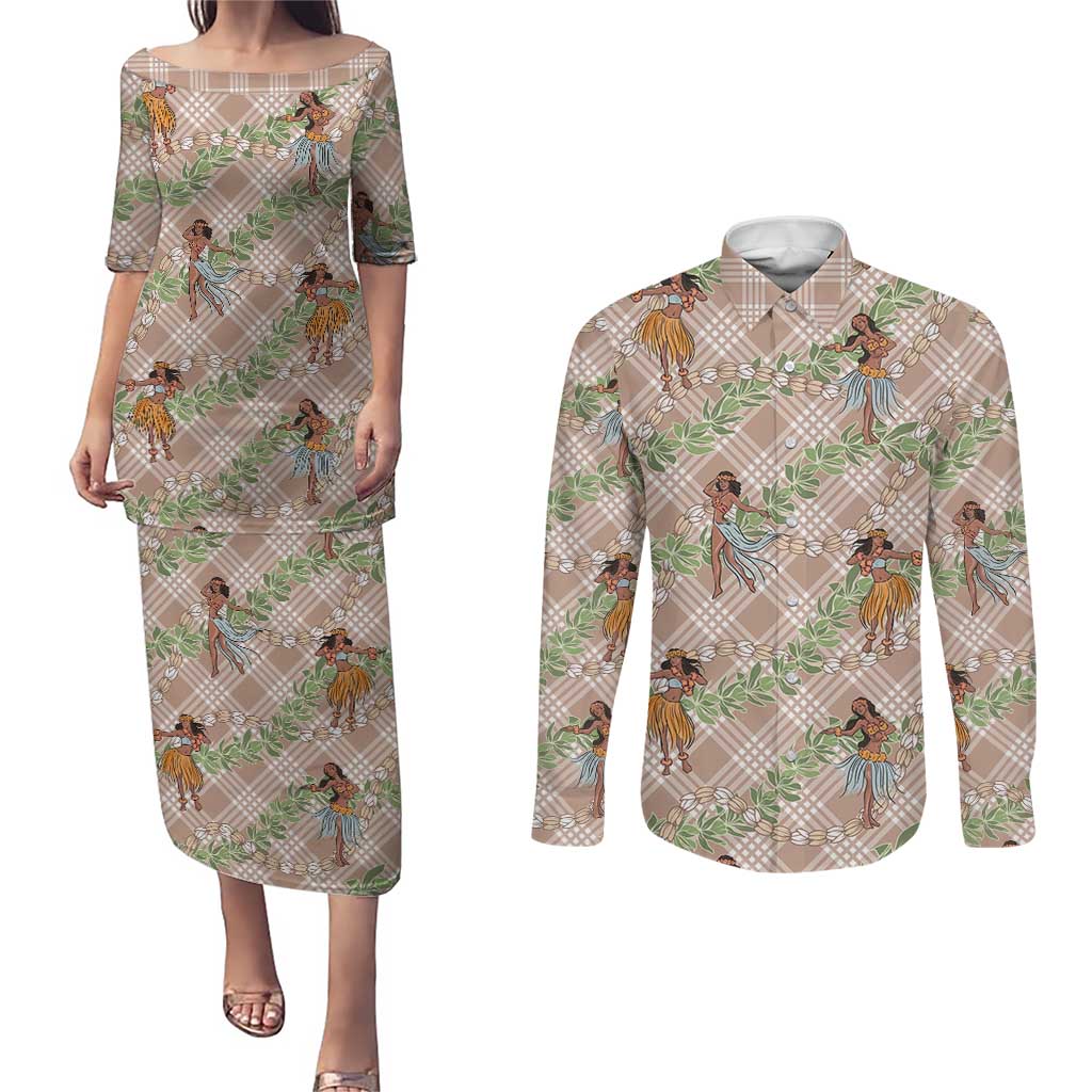 Beige Palaka Hula Girls Seamless Hawaii Aloha Couples Matching Puletasi and Long Sleeve Button Shirt - Polynesian Pride