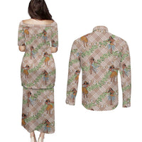 Beige Palaka Hula Girls Seamless Hawaii Aloha Couples Matching Puletasi and Long Sleeve Button Shirt - Polynesian Pride