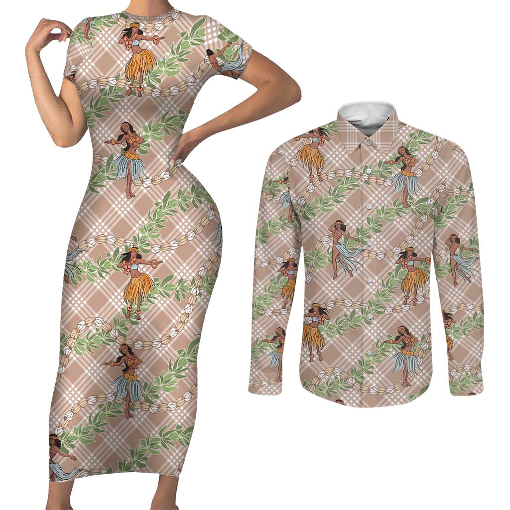 Beige Palaka Hula Girls Seamless Hawaii Aloha Couples Matching Short Sleeve Bodycon Dress and Long Sleeve Button Shirt LT7 Beige - Polynesian Pride