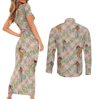 Beige Palaka Hula Girls Seamless Hawaii Aloha Couples Matching Short Sleeve Bodycon Dress and Long Sleeve Button Shirt LT7 - Polynesian Pride