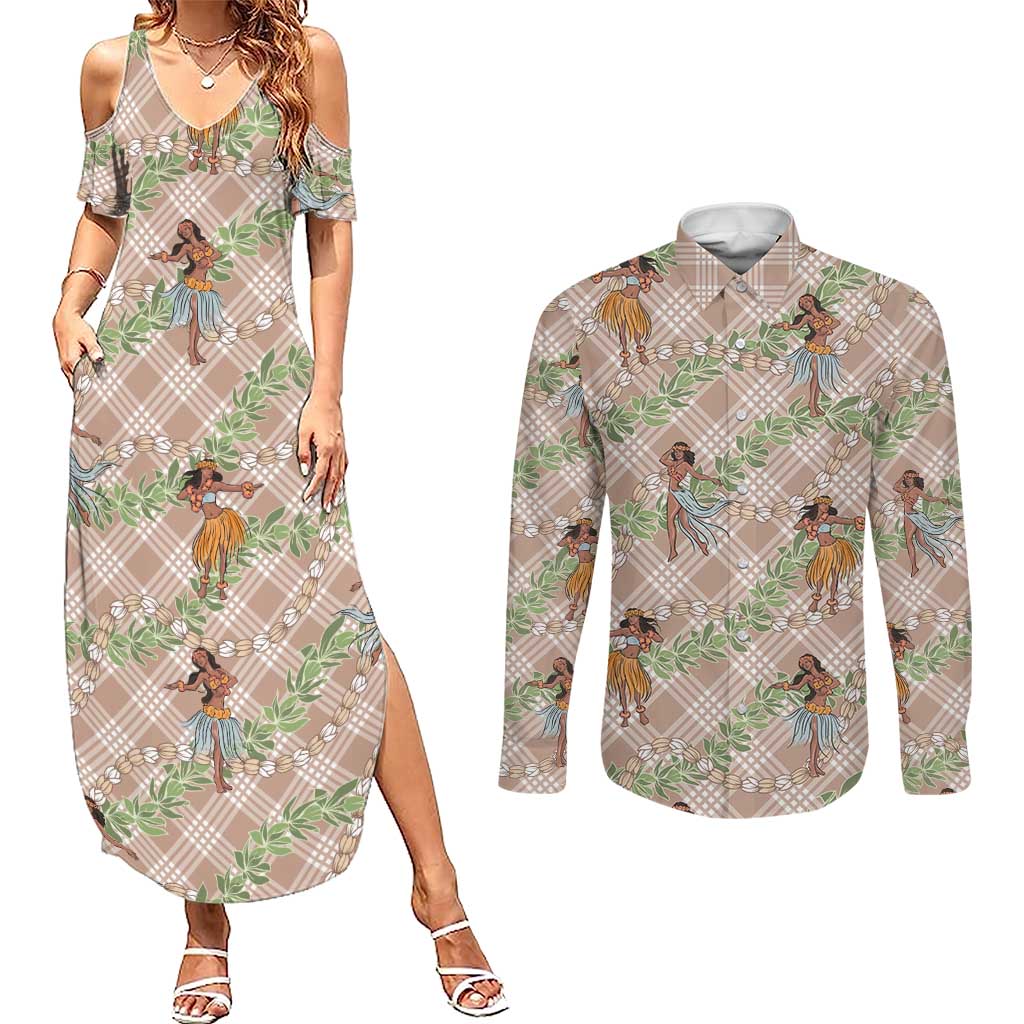 Beige Palaka Hula Girls Seamless Hawaii Aloha Couples Matching Summer Maxi Dress and Long Sleeve Button Shirt LT7 Beige - Polynesian Pride