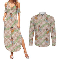 Beige Palaka Hula Girls Seamless Hawaii Aloha Couples Matching Summer Maxi Dress and Long Sleeve Button Shirt LT7 Beige - Polynesian Pride