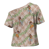 Beige Palaka Hula Girls Seamless Hawaii Aloha Cross Shoulder Shirt - Polynesian Pride