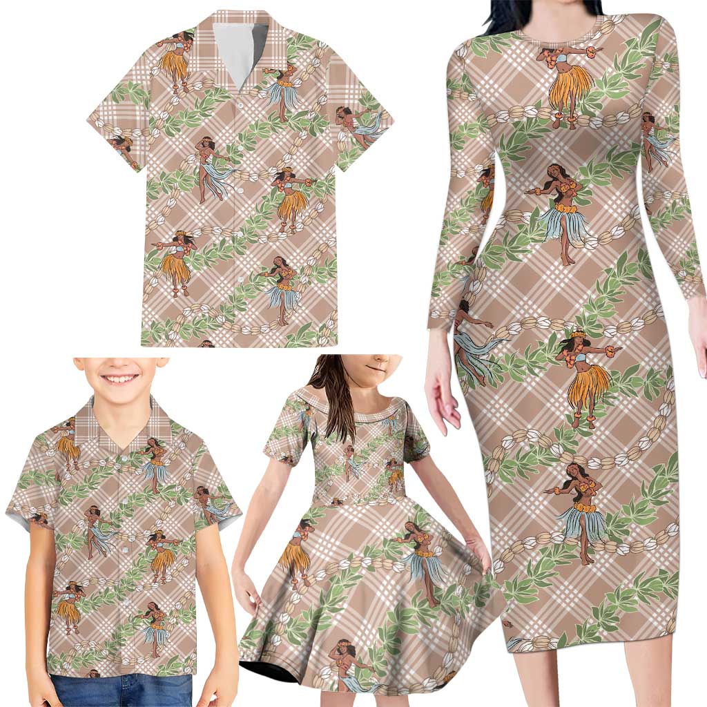 Beige Palaka Hula Girls Seamless Hawaii Aloha Family Matching Long Sleeve Bodycon Dress and Hawaiian Shirt - Polynesian Pride