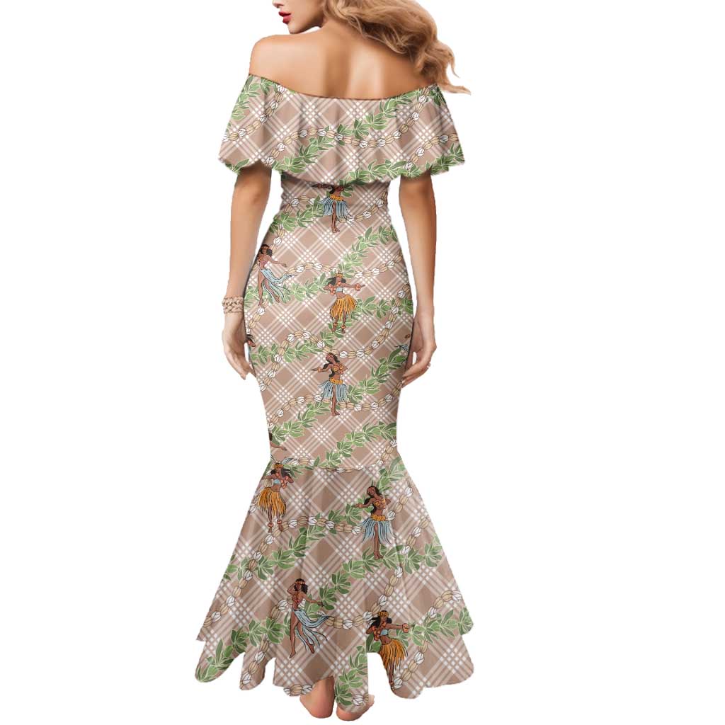 Beige Palaka Hula Girls Seamless Hawaii Aloha Family Matching Mermaid Dress and Hawaiian Shirt LT7 - Polynesian Pride