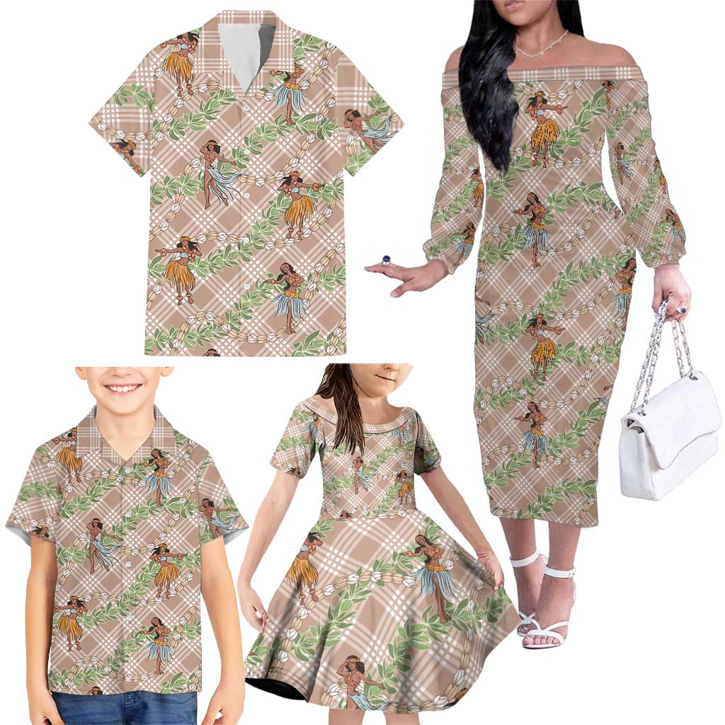 Beige Palaka Hula Girls Seamless Hawaii Aloha Family Matching Off The Shoulder Long Sleeve Dress and Hawaiian Shirt LT7 - Polynesian Pride