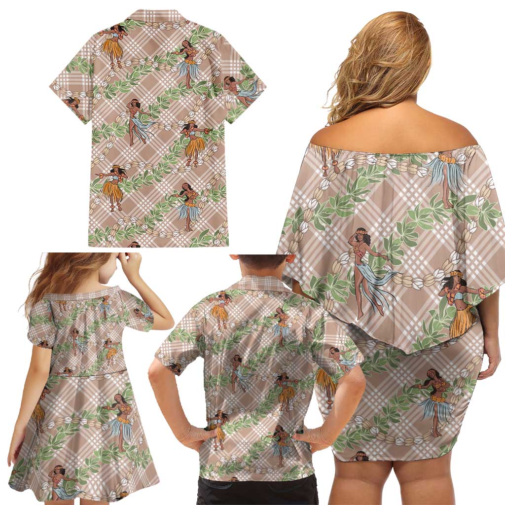 Beige Palaka Hula Girls Seamless Hawaii Aloha Family Matching Off Shoulder Short Dress and Hawaiian Shirt LT7 - Polynesian Pride