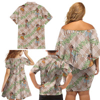 Beige Palaka Hula Girls Seamless Hawaii Aloha Family Matching Off Shoulder Short Dress and Hawaiian Shirt LT7 - Polynesian Pride