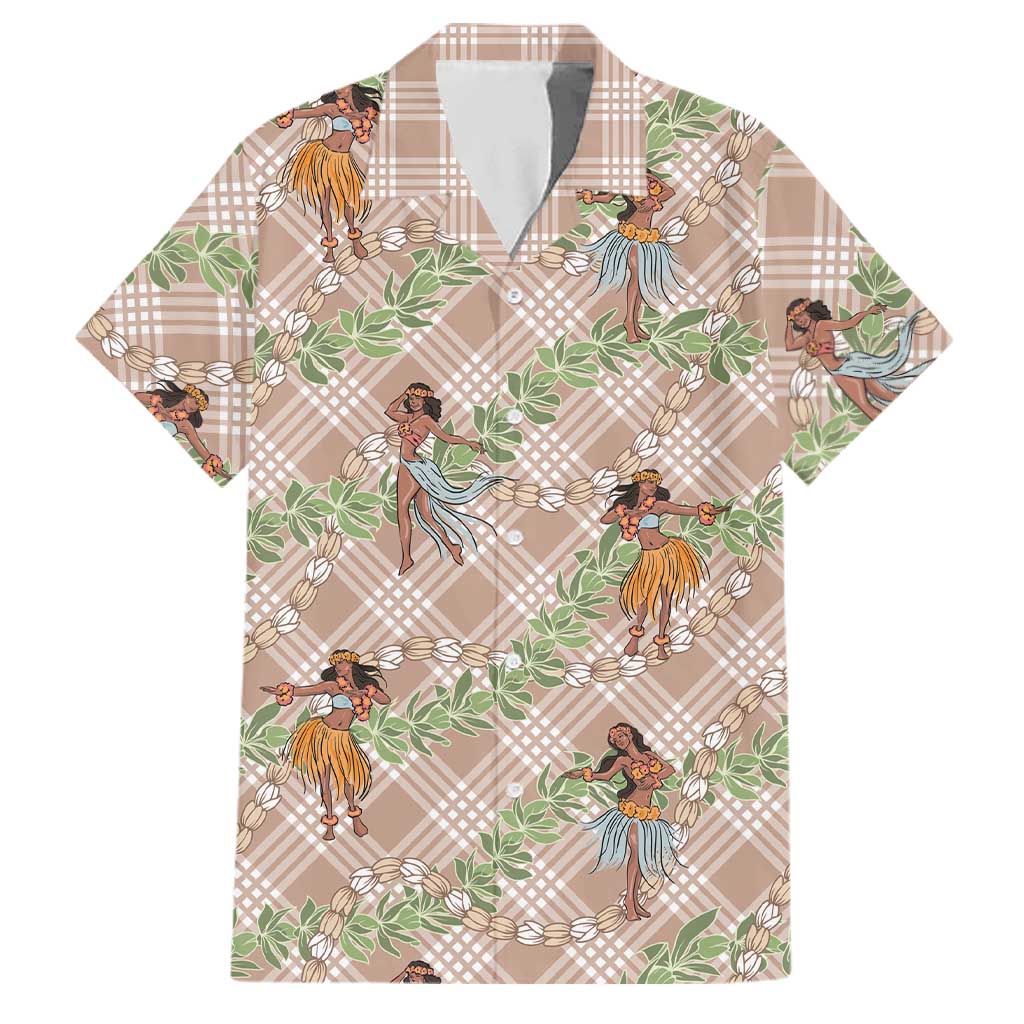 Beige Palaka Hula Girls Seamless Hawaii Aloha Family Matching Off Shoulder Short Dress and Hawaiian Shirt LT7 Dad's Shirt - Short Sleeve Beige - Polynesian Pride