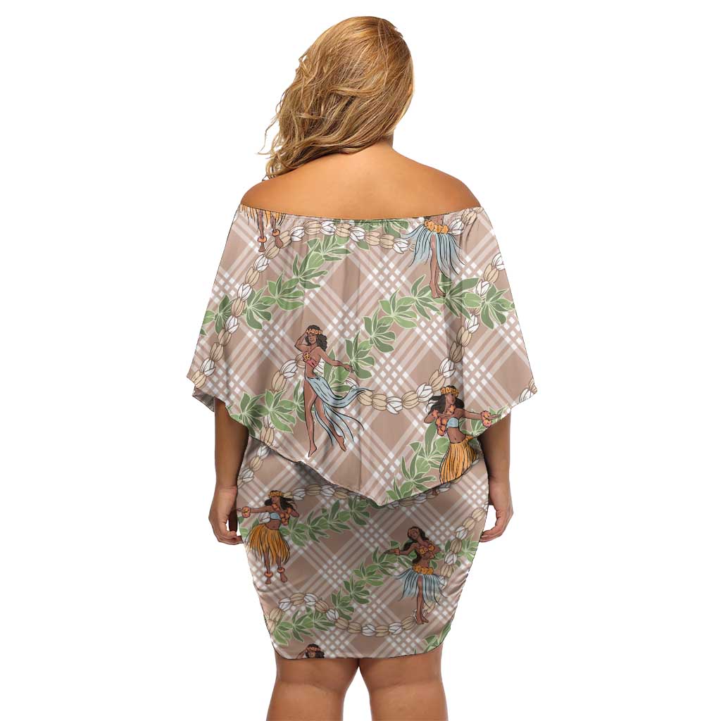 Beige Palaka Hula Girls Seamless Hawaii Aloha Family Matching Off Shoulder Short Dress and Hawaiian Shirt LT7 - Polynesian Pride