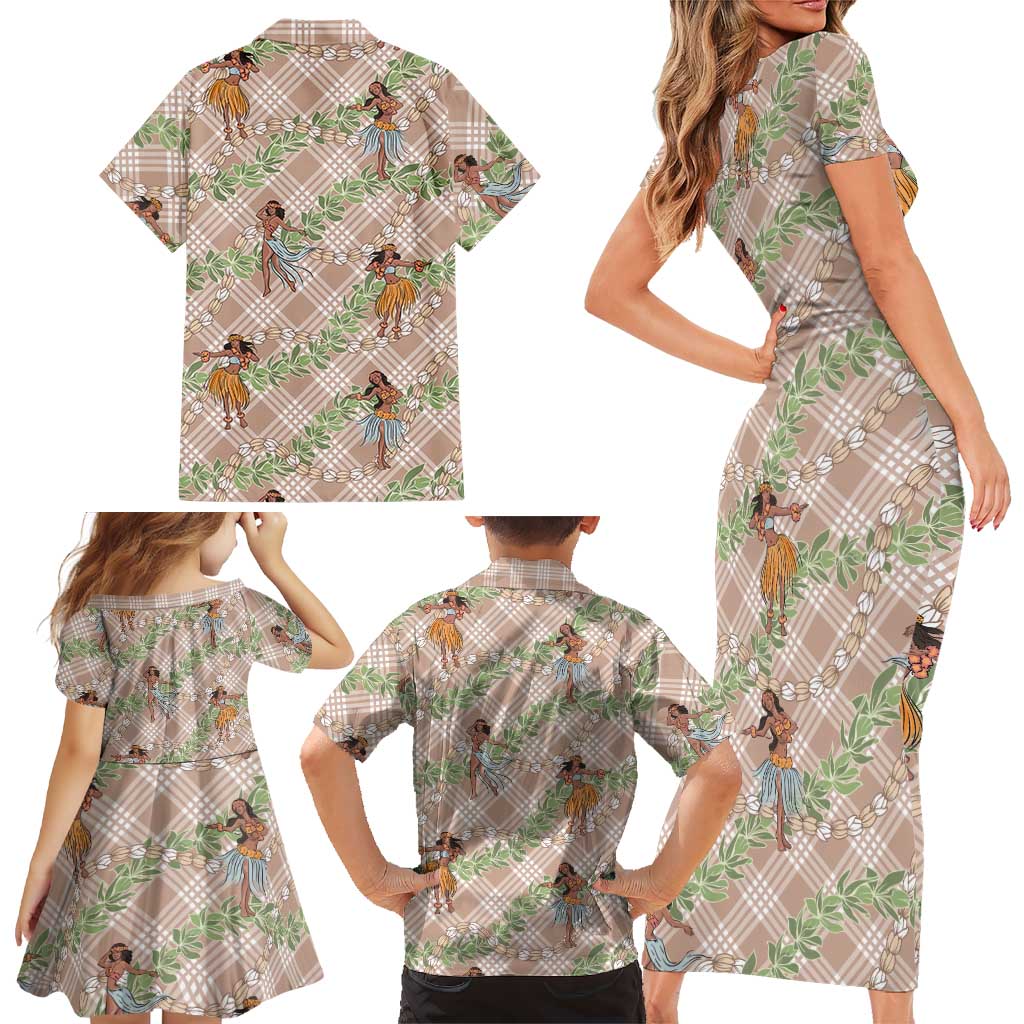 Beige Palaka Hula Girls Seamless Hawaii Aloha Family Matching Short Sleeve Bodycon Dress and Hawaiian Shirt LT7 - Polynesian Pride