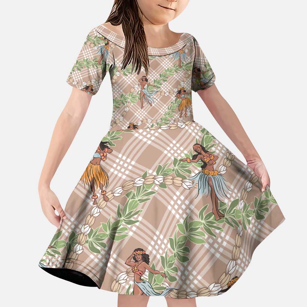 Beige Palaka Hula Girls Seamless Hawaii Aloha Family Matching Summer Maxi Dress and Hawaiian Shirt LT7 Daughter's Dress Beige - Polynesian Pride