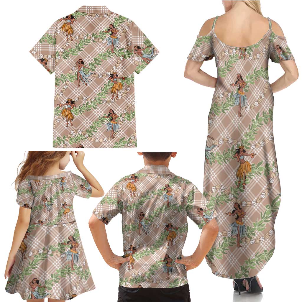 Beige Palaka Hula Girls Seamless Hawaii Aloha Family Matching Summer Maxi Dress and Hawaiian Shirt LT7 - Polynesian Pride
