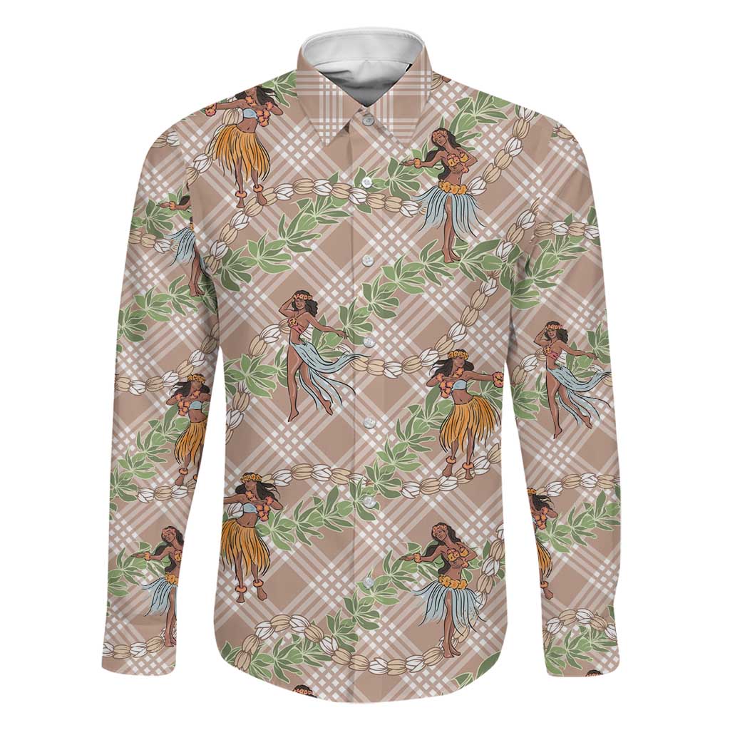Beige Palaka Hula Girls Seamless Hawaii Aloha Family Matching Summer Maxi Dress and Hawaiian Shirt LT7 Dad's Shirt - Long Sleeve Beige - Polynesian Pride