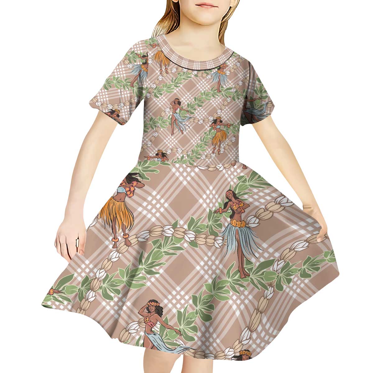 Beige Palaka Hula Girls Seamless Hawaii Aloha Kid Short Sleeve Dress - Polynesian Pride