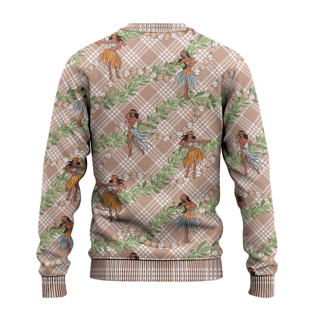 Beige Palaka Hula Girls Seamless Hawaii Aloha Ugly Christmas Sweater - Polynesian Pride