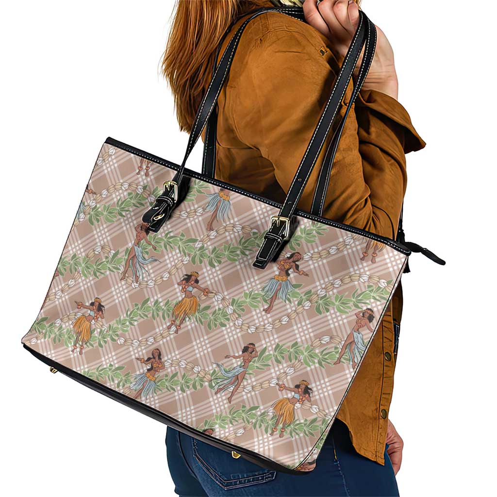 Beige Palaka Hula Girls Seamless Hawaii Aloha Leather Tote Bag - Polynesian Pride