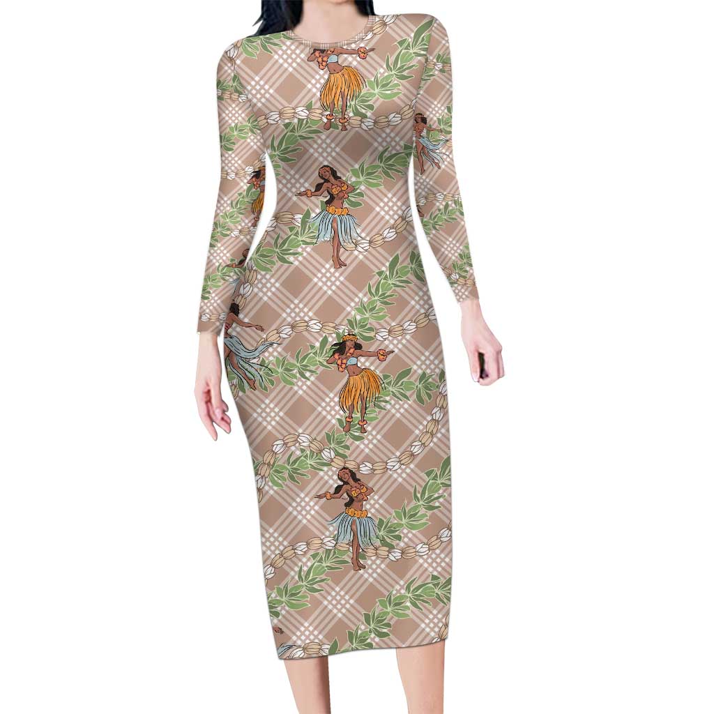 Beige Palaka Hula Girls Seamless Hawaii Aloha Long Sleeve Bodycon Dress - Polynesian Pride