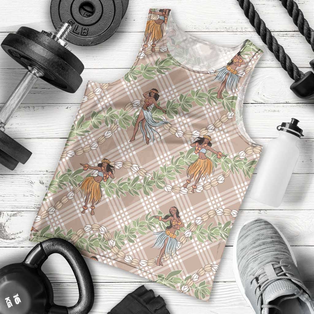 Beige Palaka Hula Girls Seamless Hawaii Aloha Men Tank Top - Polynesian Pride