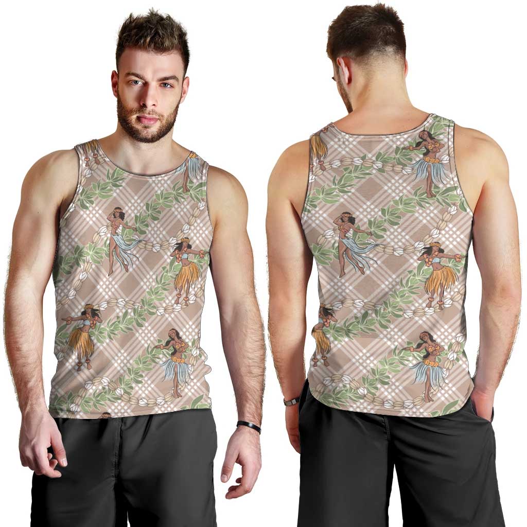 Beige Palaka Hula Girls Seamless Hawaii Aloha Men Tank Top - Polynesian Pride