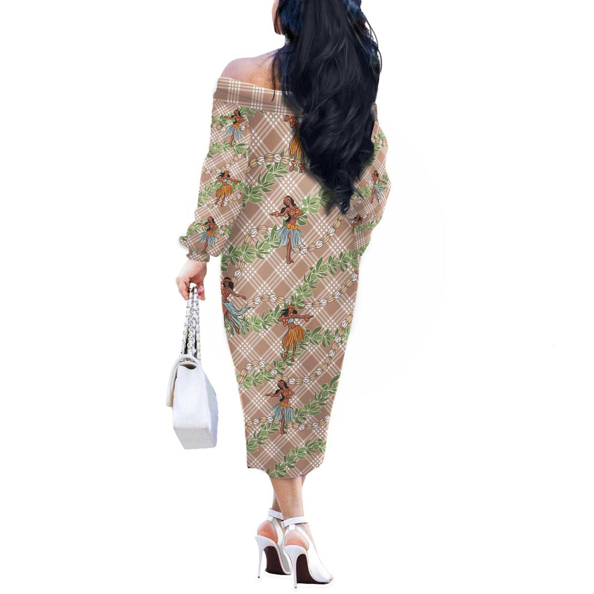 Beige Palaka Hula Girls Seamless Hawaii Aloha Off The Shoulder Long Sleeve Dress LT7 - Polynesian Pride