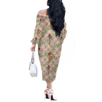 Beige Palaka Hula Girls Seamless Hawaii Aloha Off The Shoulder Long Sleeve Dress LT7 - Polynesian Pride